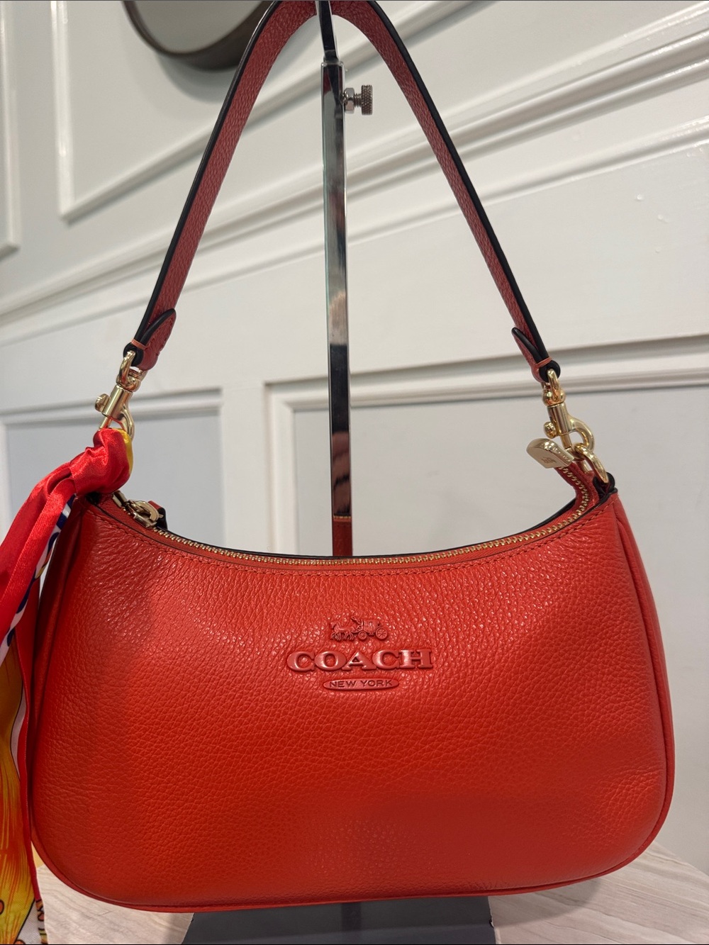 Coach Bag Teri Orange Pebbled Leather Small Shoulder Bag with Scarf Accent - Picture 5 of 17